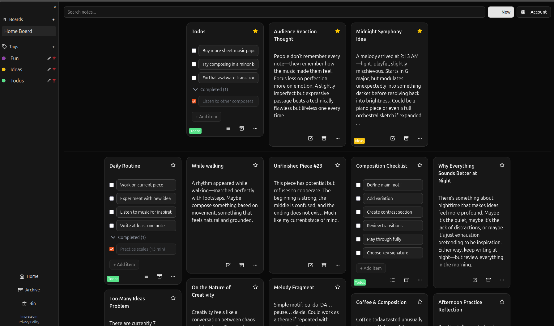 Notestra notes board with a masonry layout of notes, todos and tags